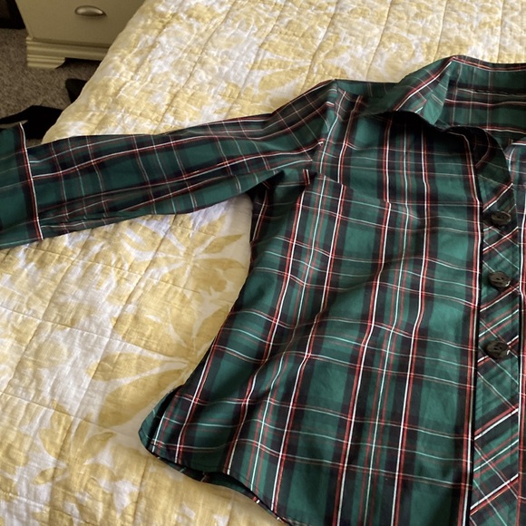 Beautiful tartan 3/4 sleeve button down shirt with gold thread XL EUC HOLIDAY - Picture 7 of 16